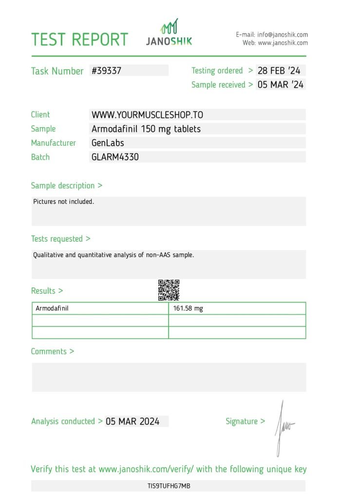 Armodafinil Tablets 150 mg – (30 Tablets Bottle) – Genlabs — Certificate of Analysis