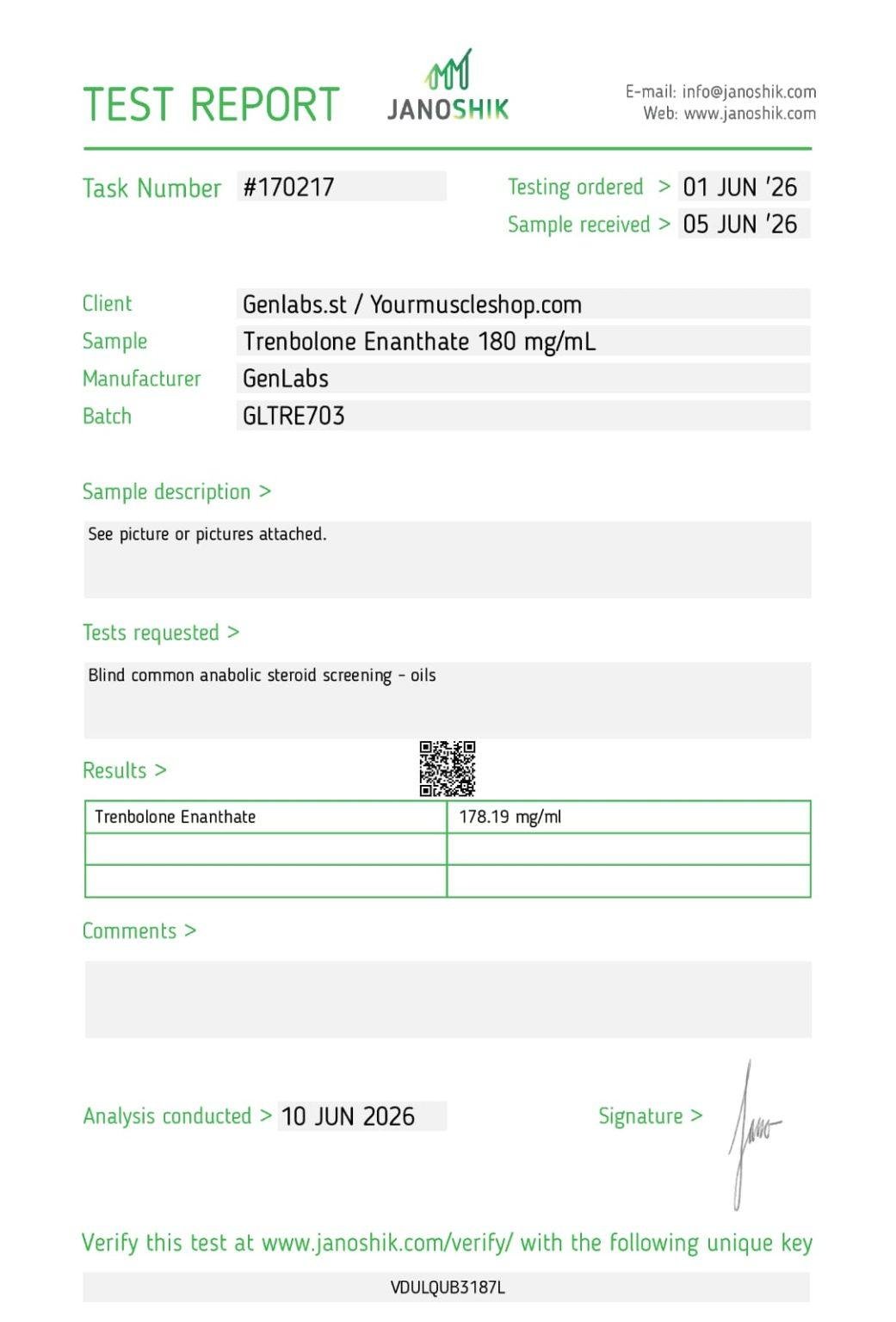 Trenbolone Enanthate 180 Mg/ml – Genlabs — Certificate of Analysis