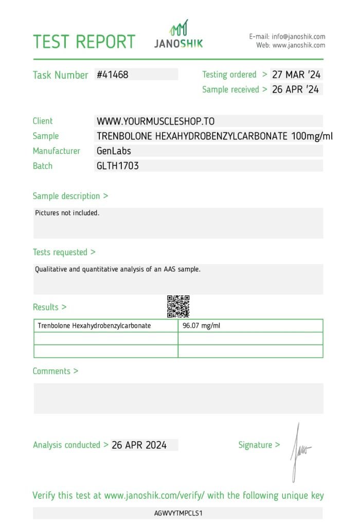 Trenbolone Hexahydrobenzylcarbonate (parabolan) 100 Mg/ml – Genlabs — Certificate of Analysis