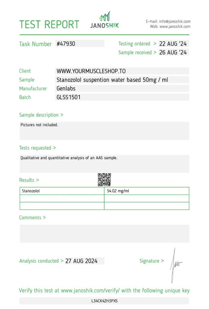 Winstrol Depot (stanozolol Suspension – Water Based) 50 Mg/ml – Genlabs — Certificate of Analysis