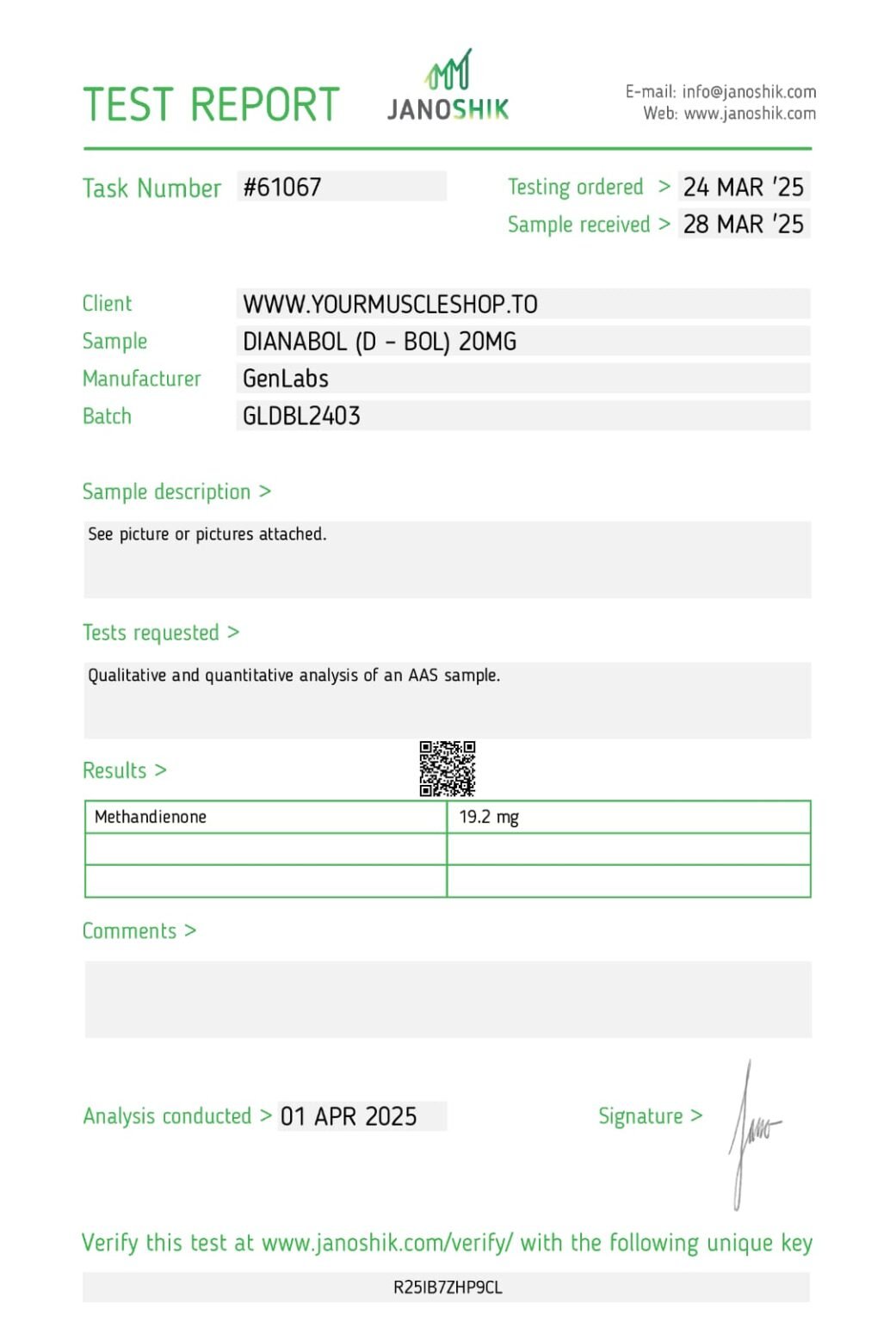 Dianabol (d – Bol) 20 mg – 100 Tablets – Genlabs — Certificate of Analysis