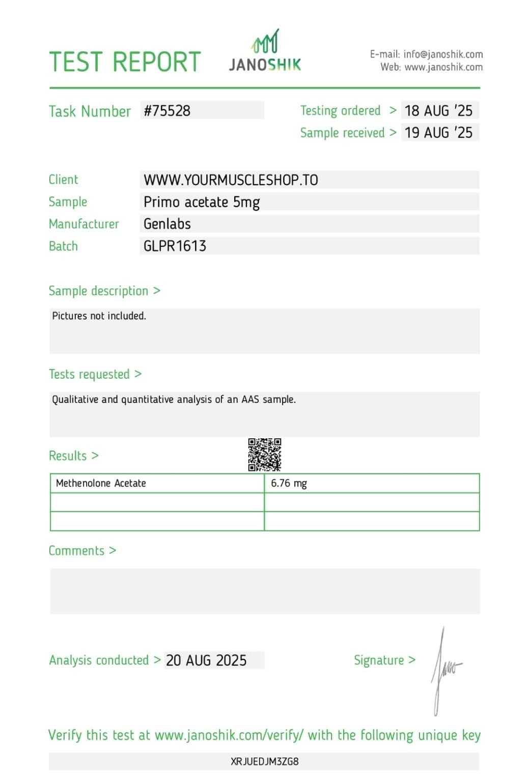 Primobolan (methenolone Acetate) 5 mg – 100 Tablets – Genlabs — Certificate of Analysis