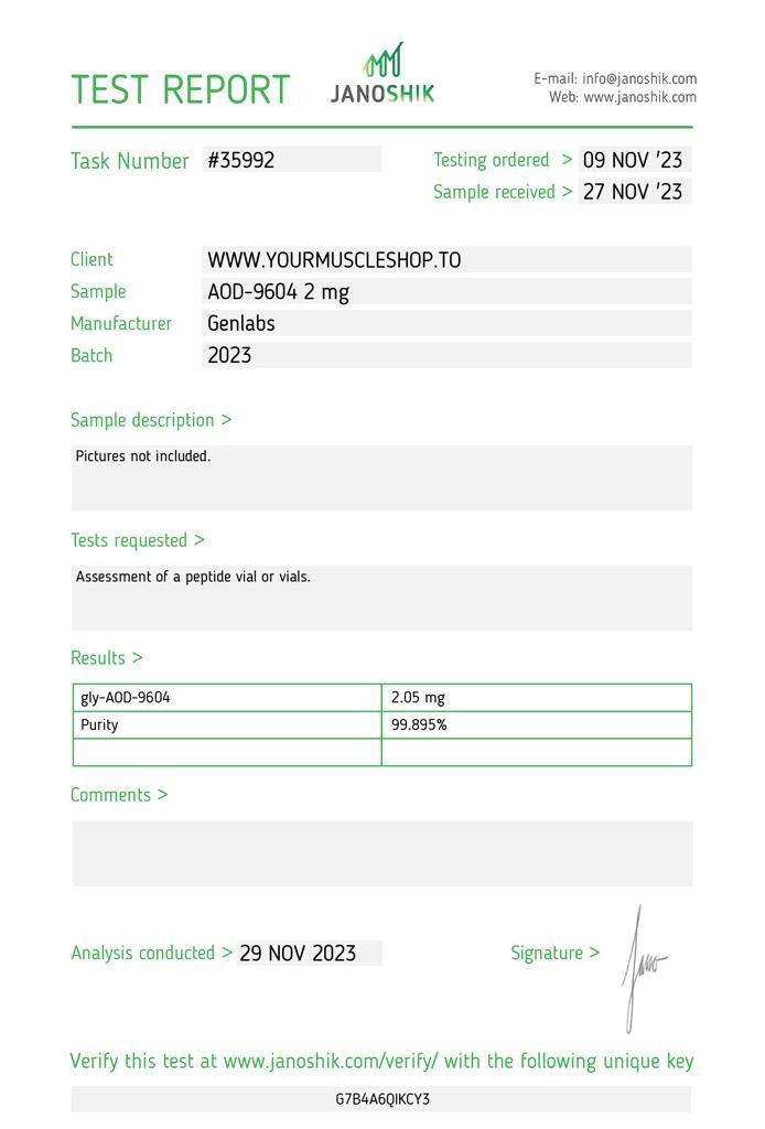 Aod 9604 – 2mg Vial – (with Bacteriostatic Water) – Genlabs — Certificate of Analysis