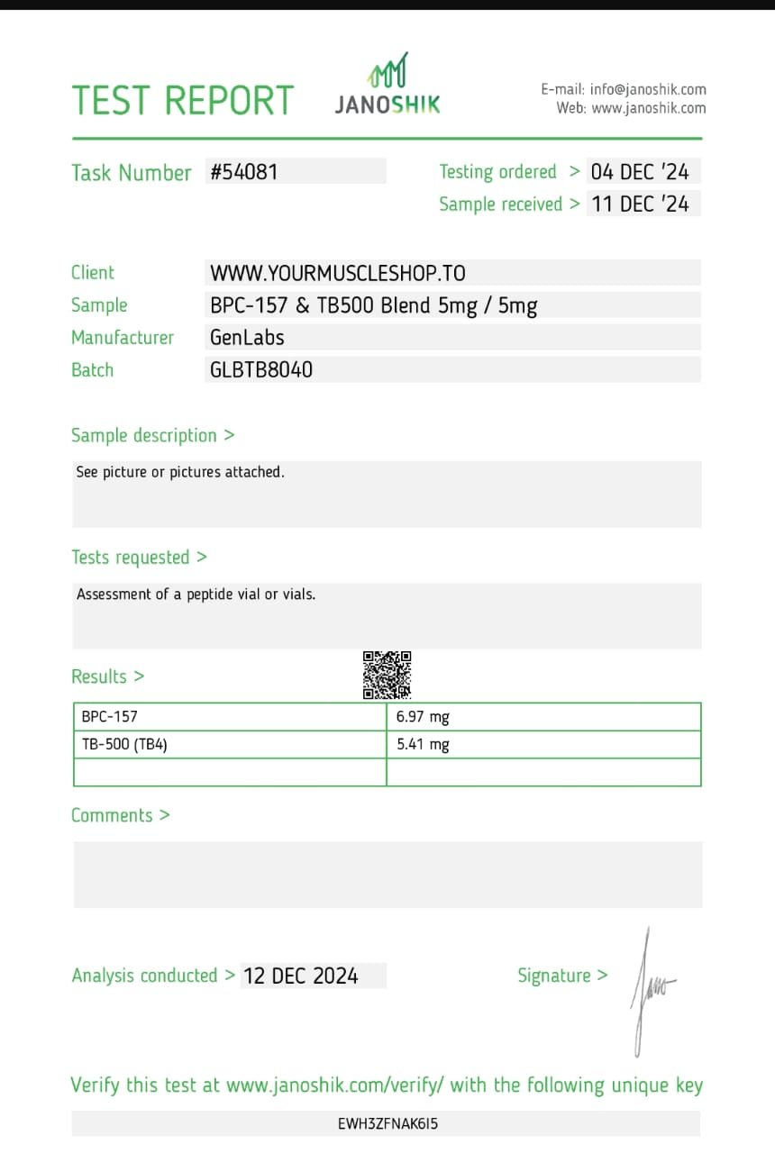 Blend Bpc – 157 5mg & Tb500 5mg Vial – (with Bacteriostatic Water) – Genlabs — Certificate of Analysis