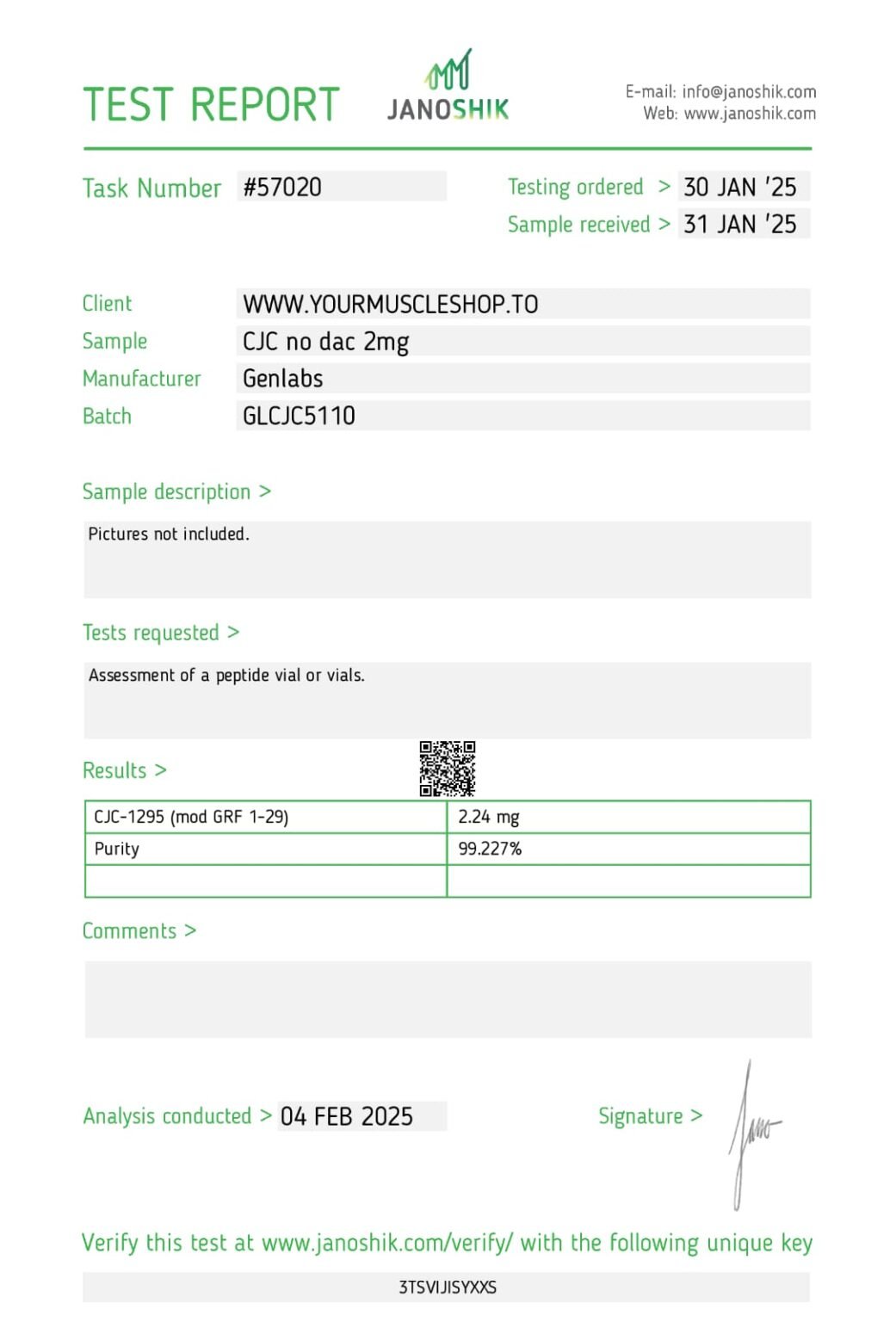 Cjc – 1295 – 2mg ( Without Dac ) Vial – (with Bacteriostatic Water) – Genlabs — Certificate of Analysis