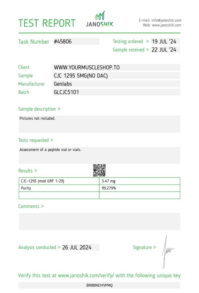 Cjc – 1295 – 5mg ( Without Dac ) Vial – (with Bacteriostatic Water) – Genlabs — Certificate of Analysis