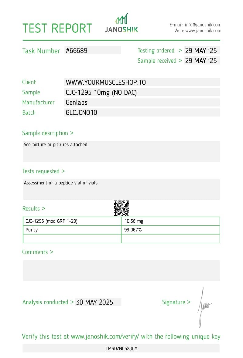 CJC-1295 – 10MG ( NO DAC ) VIAL – (WITH BACTERIOSTATIC WATER) – GENLABS — Certificate of Analysis