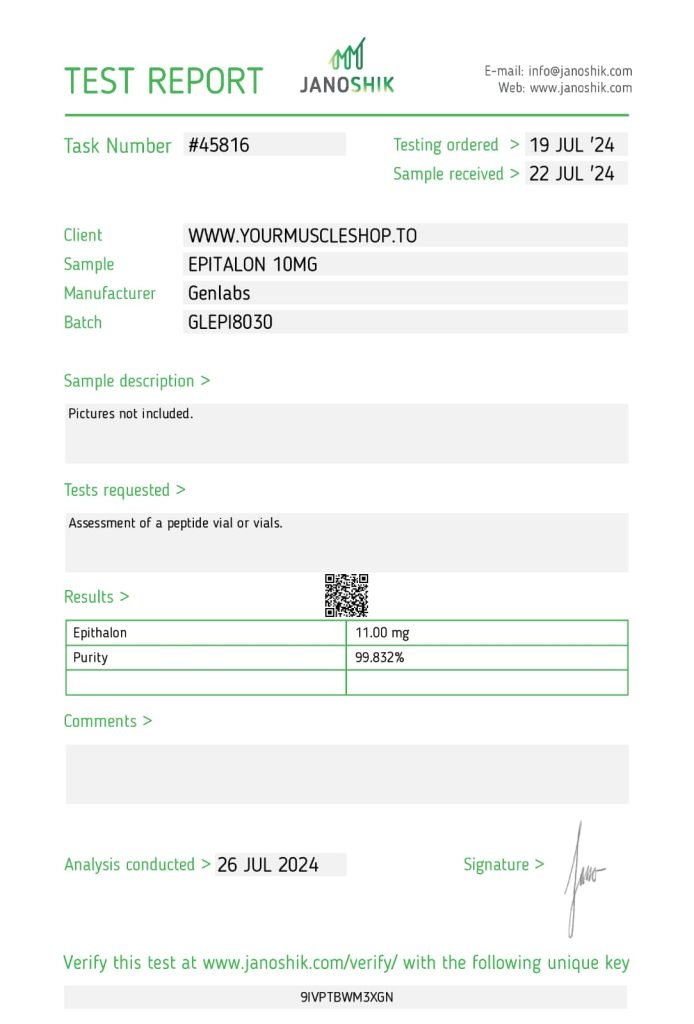Epitalon – 10mg Vial – (with Bacteriostatic Water) – Genlabs — Certificate of Analysis