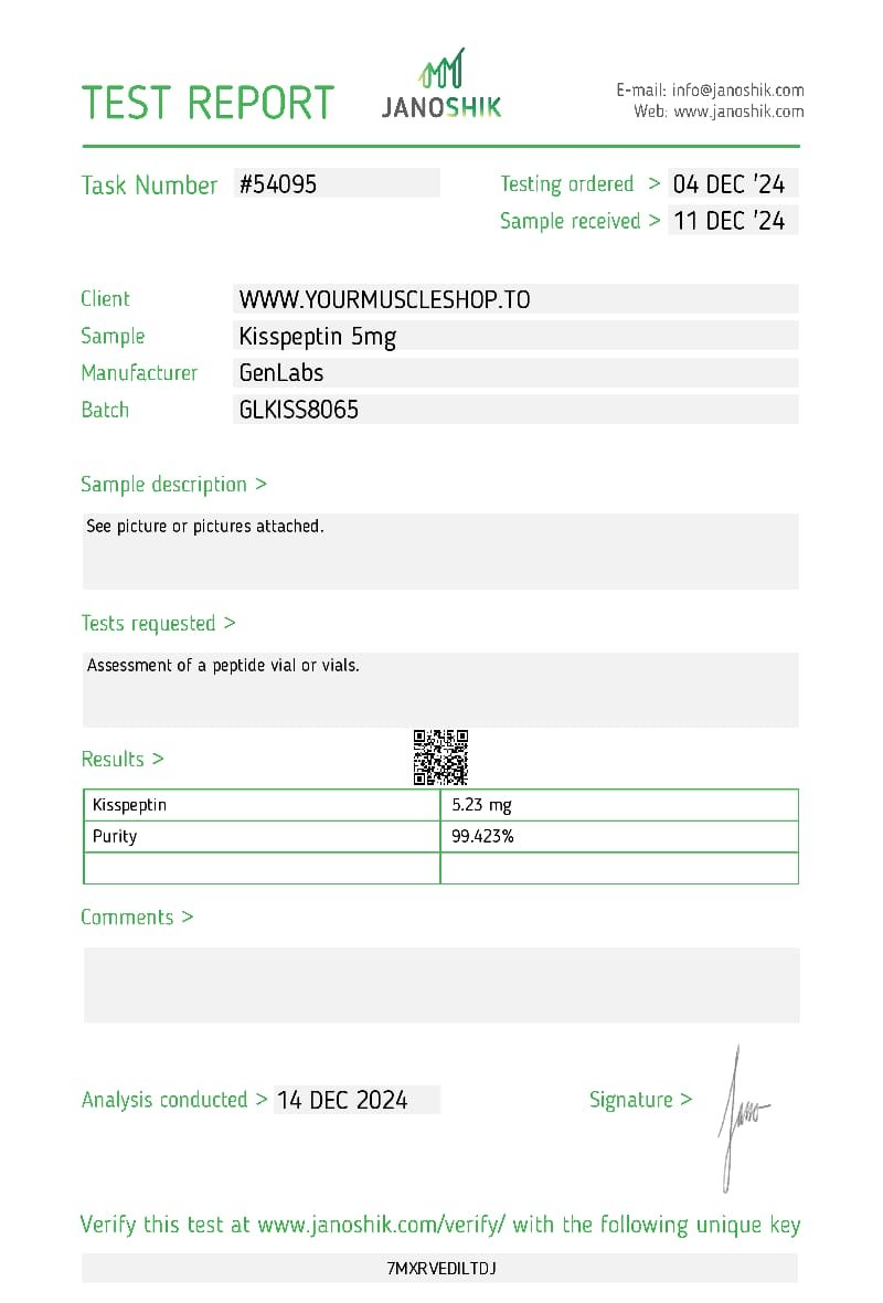 Kisspeptin 5mg Vial – (with Bacteriostatic Water) – Genlabs — Certificate of Analysis