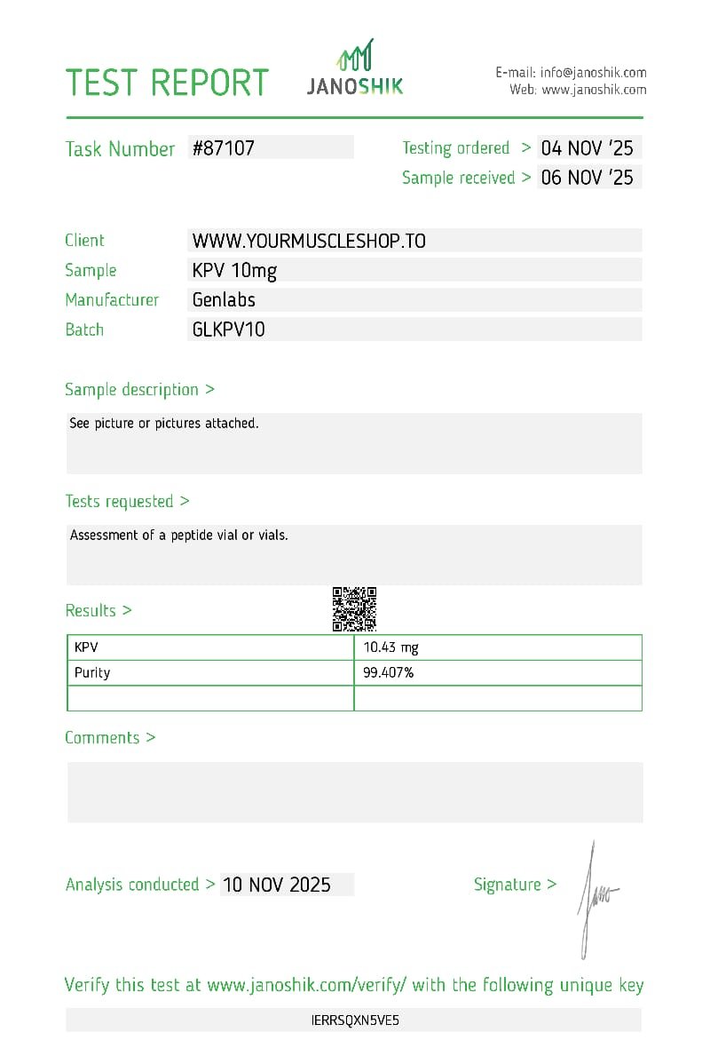 Kpv 10mg Vial – (with Bacteriostatic Water) – Genlabs — Certificate of Analysis