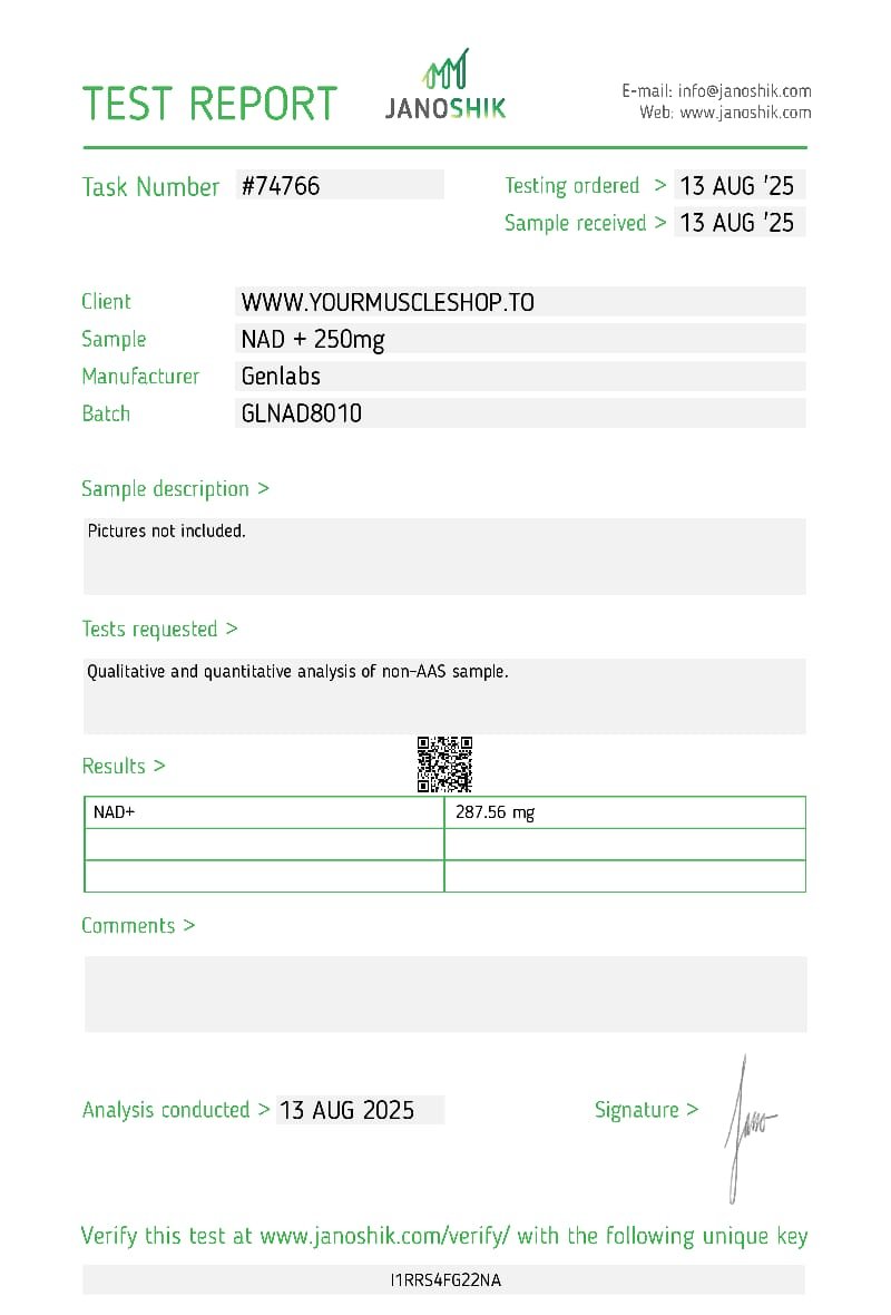 NAD + 250mg (nicotinamide Adenine Dinucleotide) Vial – (with Bacteriostatic Water) – Genlabs — Certificate of Analysis
