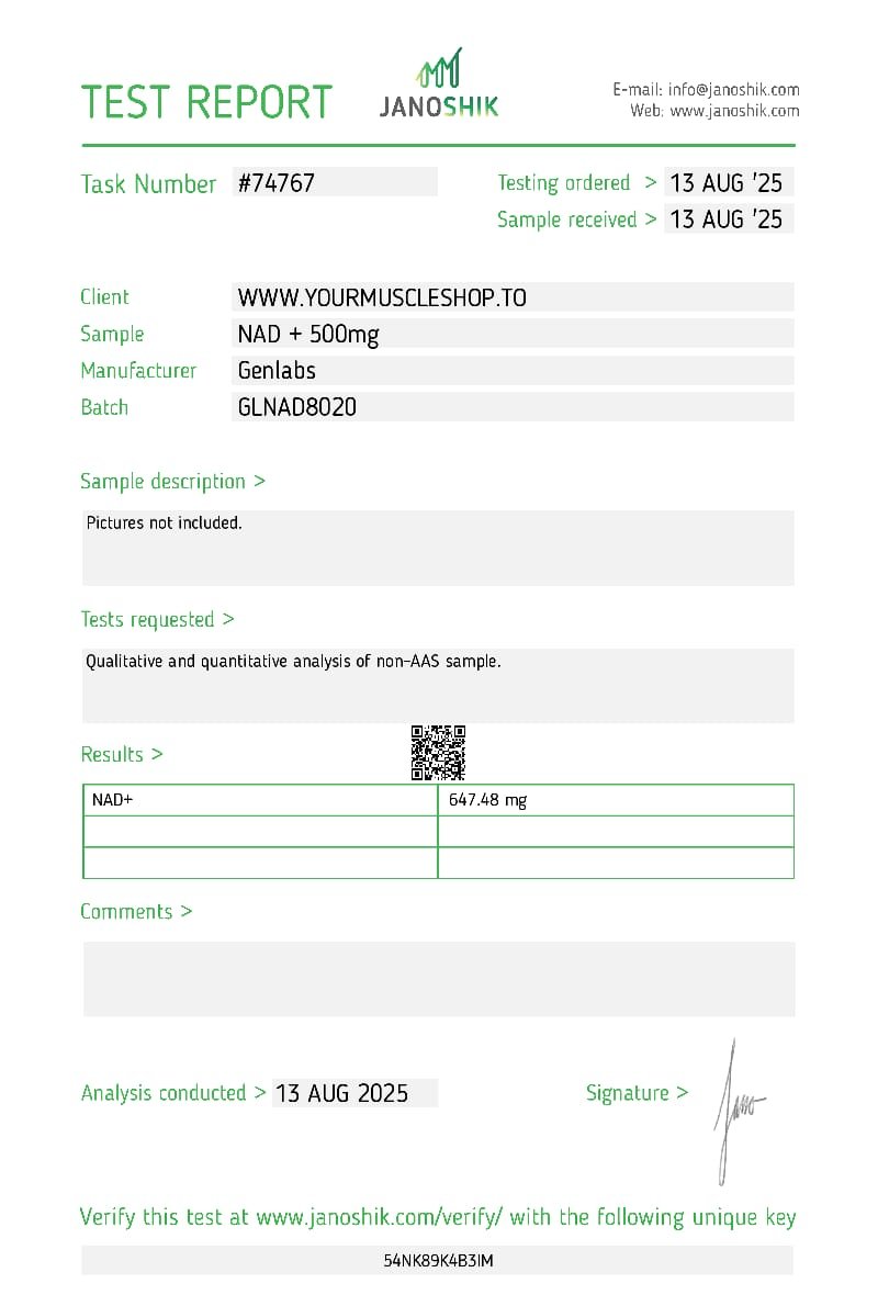 NAD + 500mg (nicotinamide Adenine Dinucleotide) Vial – (with Bacteriostatic Water) – Genlabs — Certificate of Analysis