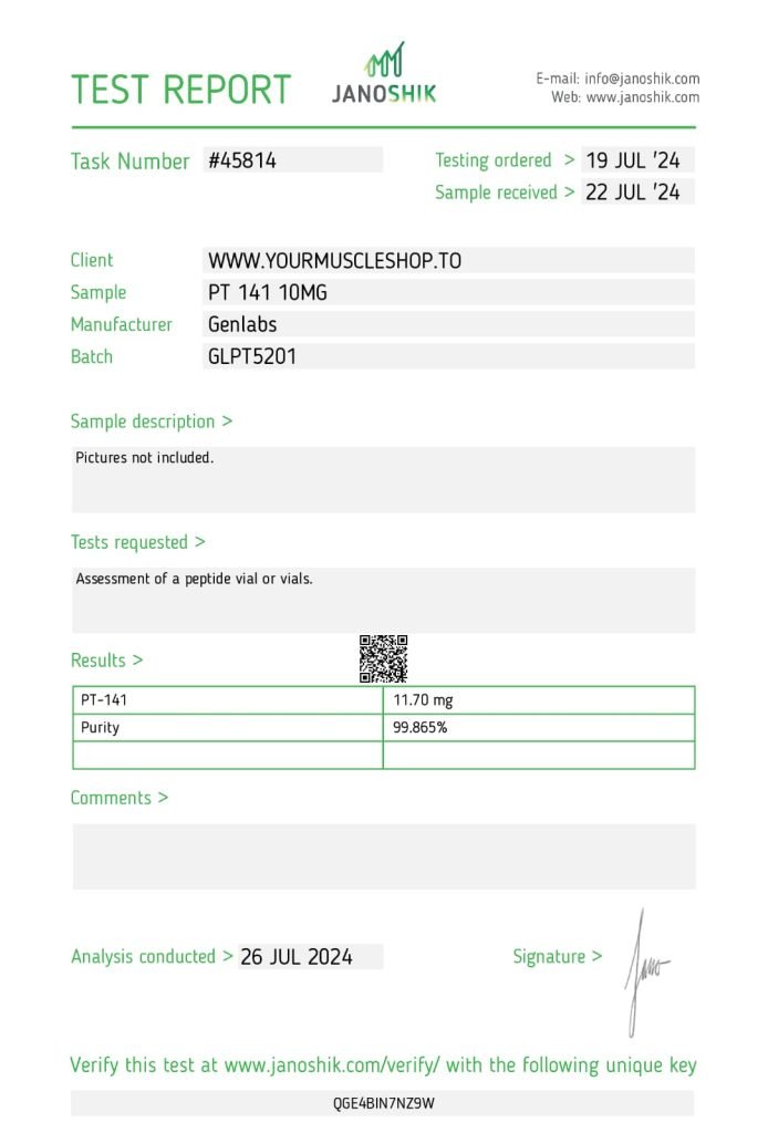 Pt – 141 – 10mg / Vial – (with Bacteriostatic Water) – Genlabs — Certificate of Analysis