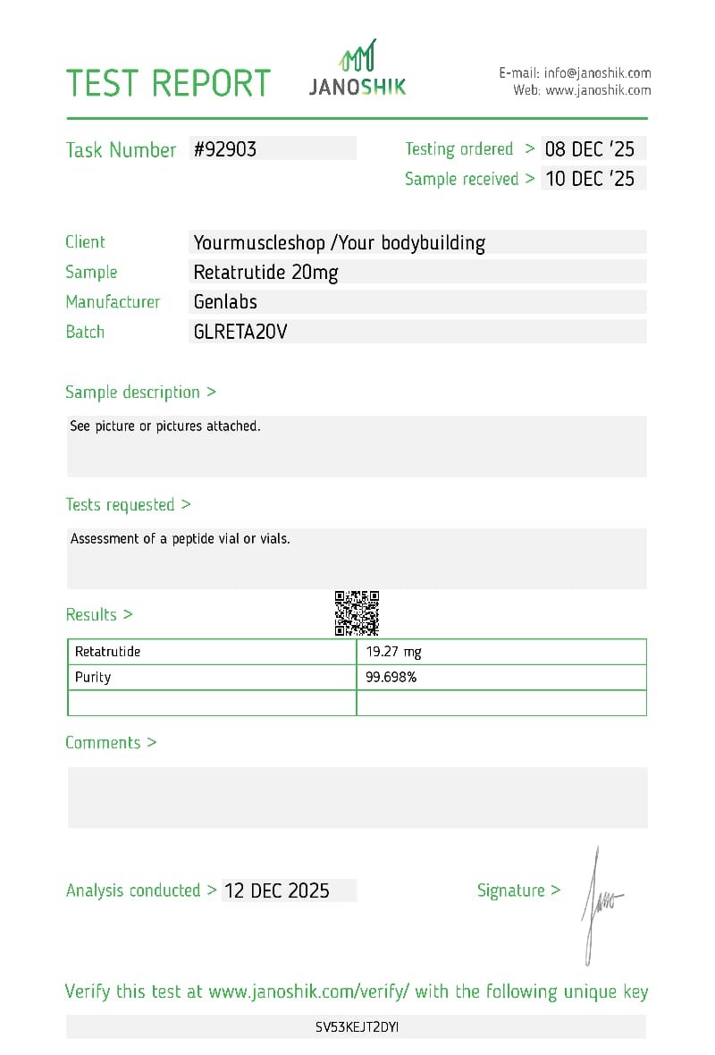 Retatrutide 20mg Vial – (with Bacteriostatic Water) – Genlabs — Certificate of Analysis