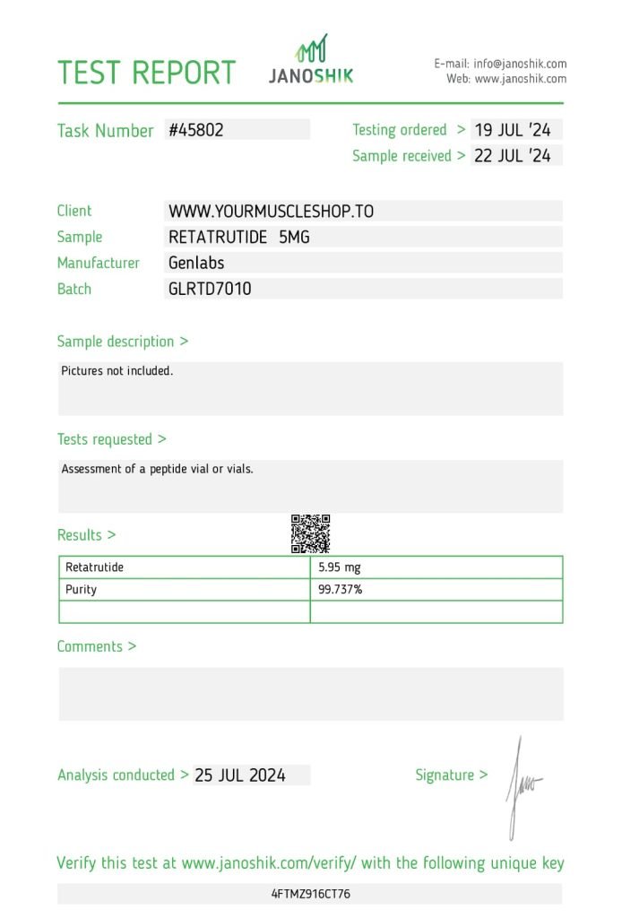 Retatrutide 5mg Vial – (with Bacteriostatic Water) – Genlabs — Certificate of Analysis