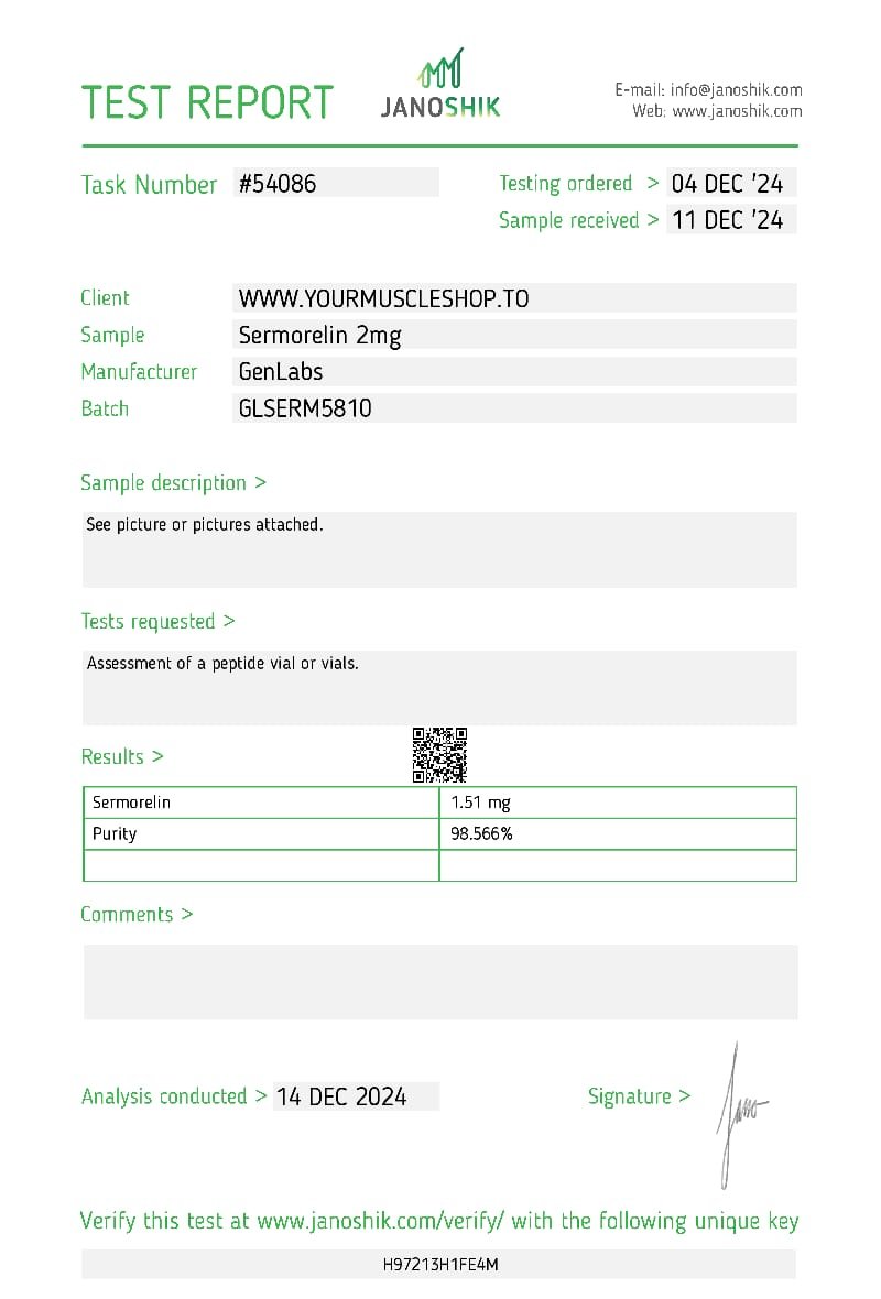 Sermorelin – 2mg Vial – (with Bacteriostatic Water) – Genlabs — Certificate of Analysis