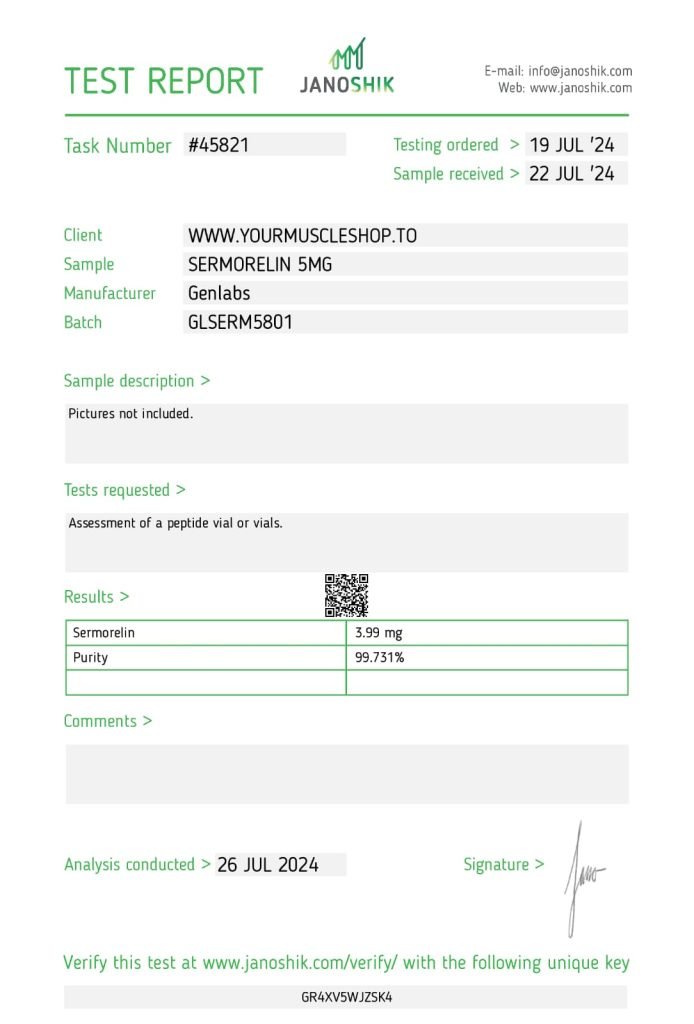 Sermorelin – 5mg Vial – (with Bacteriostatic Water) – Genlabs — Certificate of Analysis