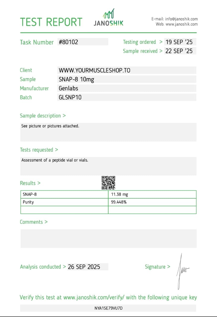Snap – 8 10mg Vial – (with Bacteriostatic Water) – Genlabs — Certificate of Analysis