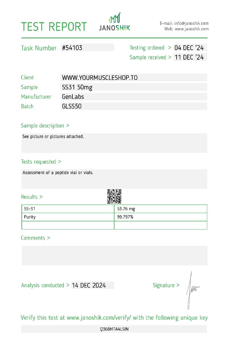 Ss31 – 50mg Vial – (with Bacteriostatic Water) – Genlabs — Certificate of Analysis