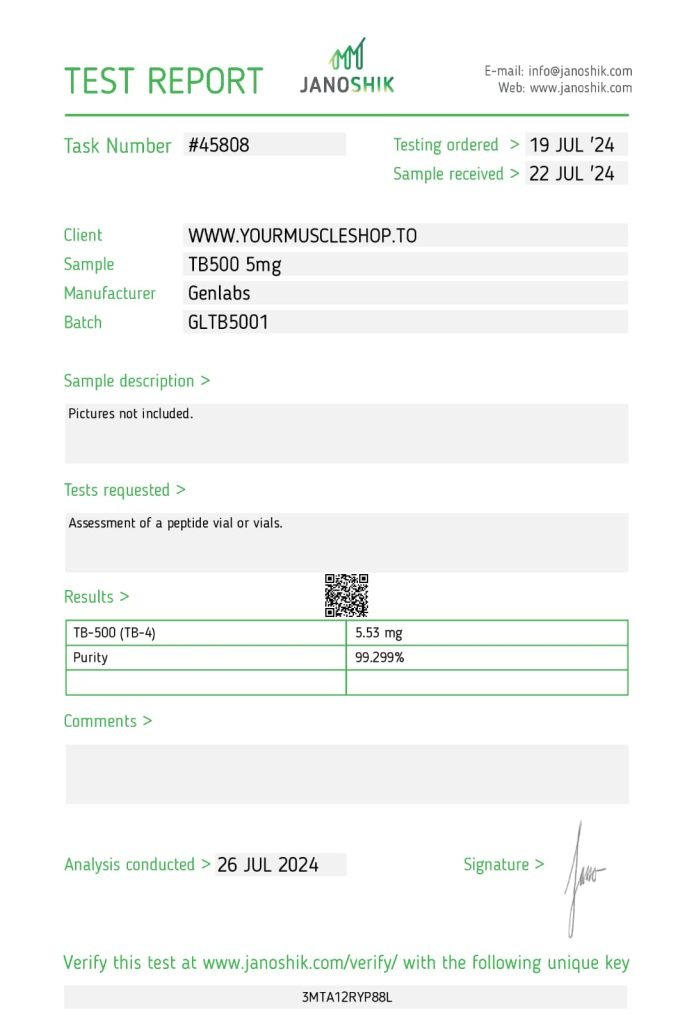 Tb 500 – 5mg/ Vial – (with Bacteriostatic Water) – Genlabs — Certificate of Analysis