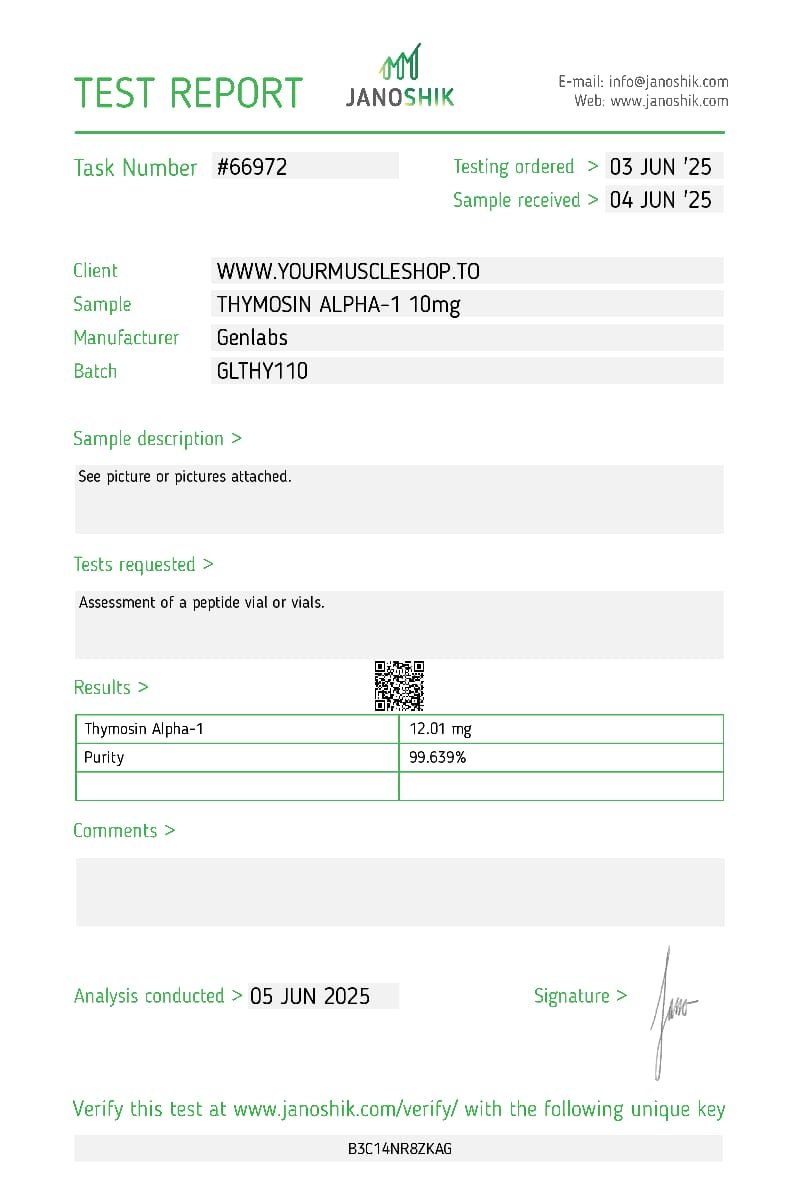 Thymosin Alpha – 1 10mg Vial – (with Bacteriostatic Water) – Genlabs — Certificate of Analysis