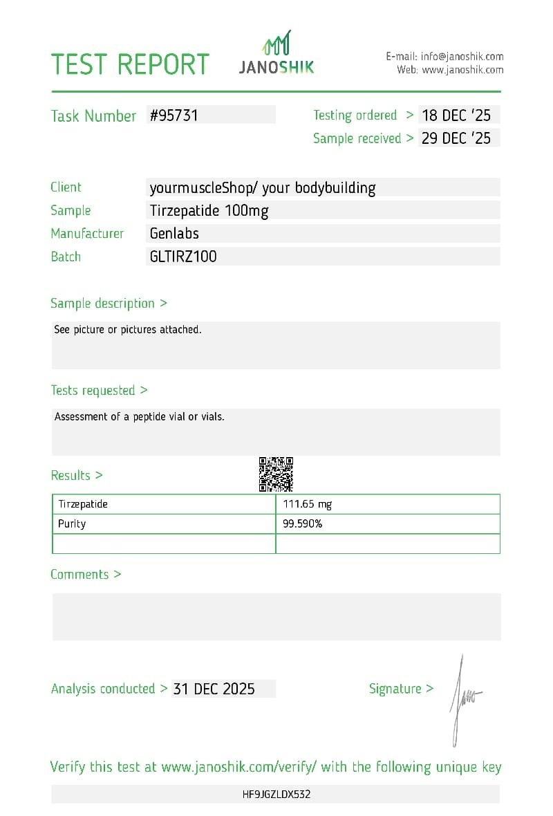 Tirzepatide 100mg Vial – (with Bacteriostatic Water) – Genlabs — Certificate of Analysis