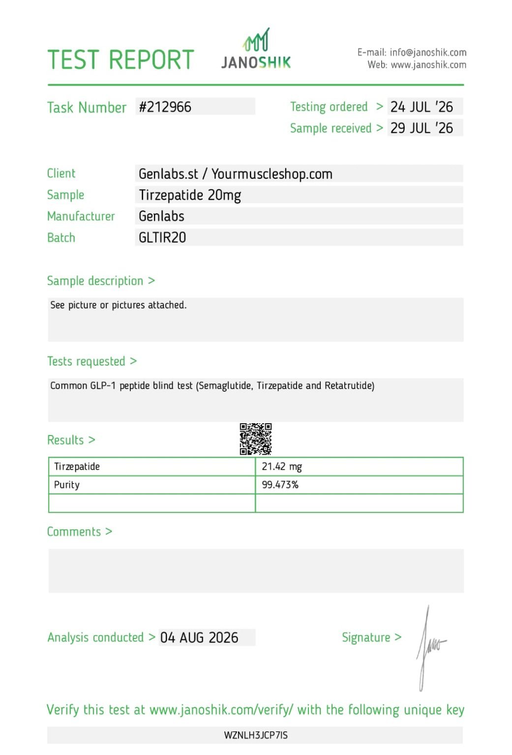 Tirzepatide 20mg Vial – (with Bacteriostatic Water) – Genlabs — Certificate of Analysis