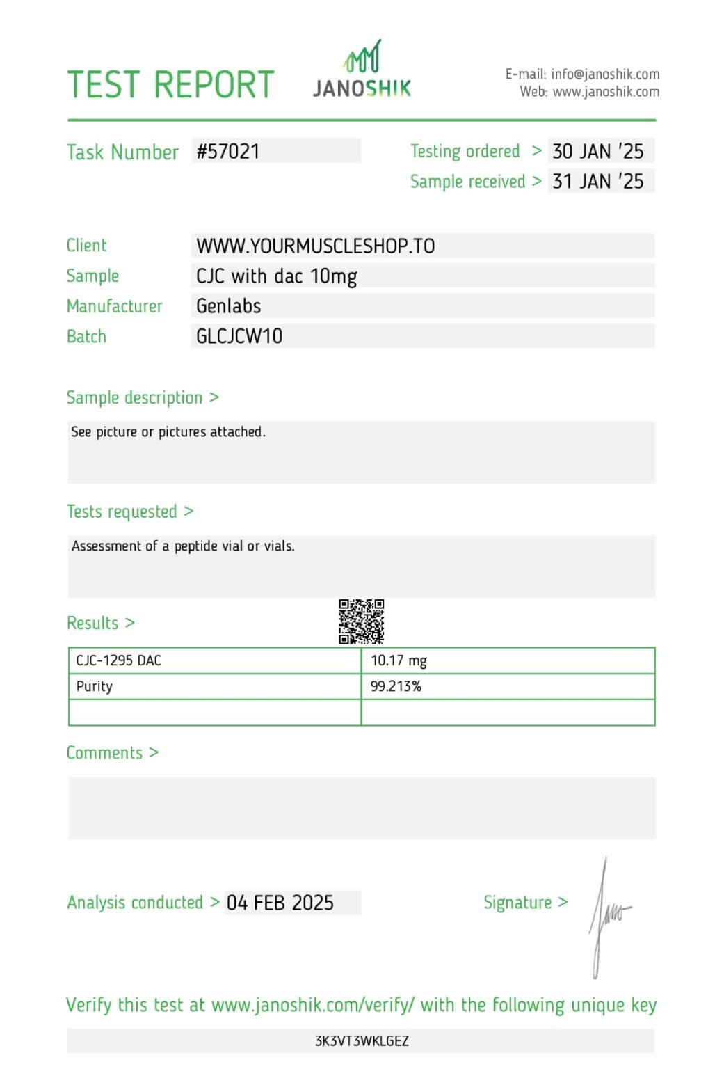 Cjc – 1295 – 10mg ( With Dac ) Vial – (with Bacteriostatic Water) – Genlabs — Certificate of Analysis