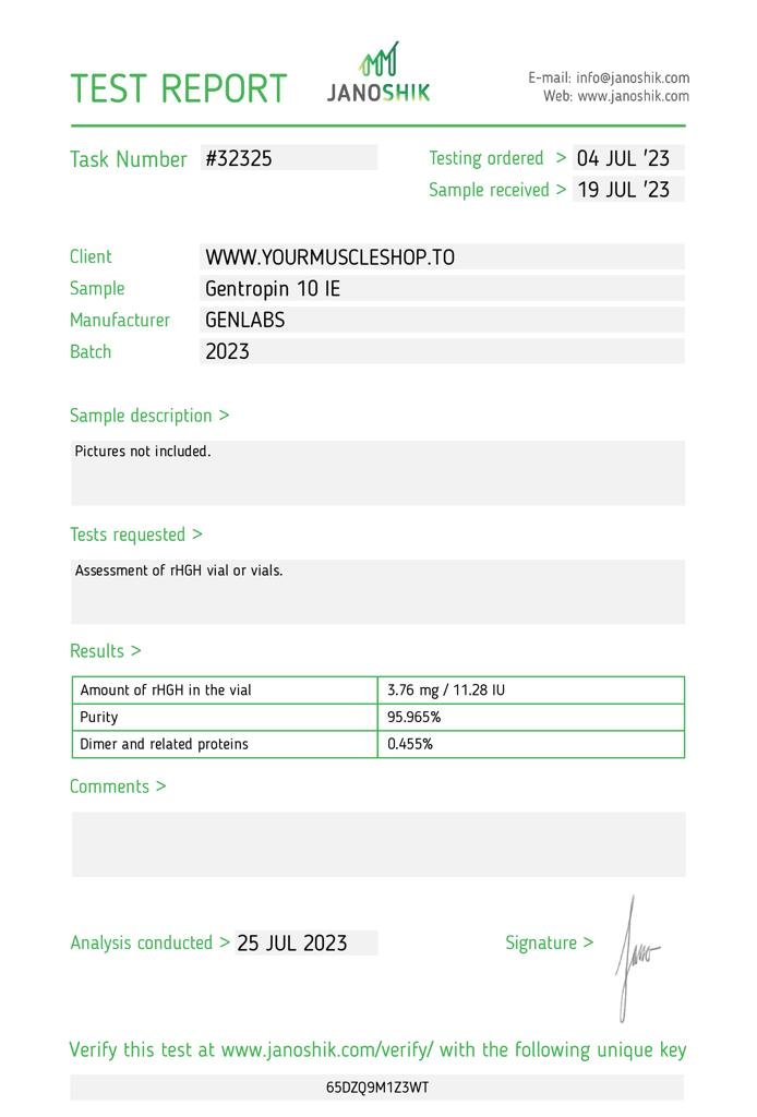 GENTROPIN (SOMATROPIN) 100IU HGH KIT WITH BACTERIOSTATIC WATER – GENLABS — Certificate of Analysis