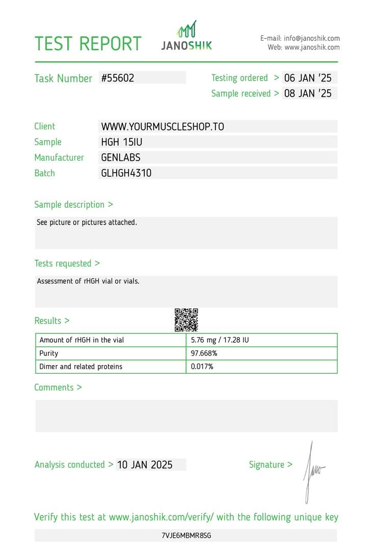 GENTROPIN (SOMATROPIN) 150IU HGH KIT WITH BACTERIOSTATIC WATER – GENLABS — Certificate of Analysis