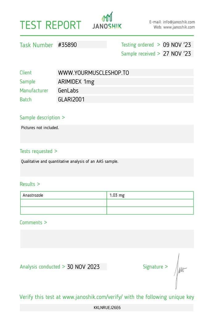 Arimidex Anastrozole 1 mg – 100 Tablets – Genlabs — Certificate of Analysis