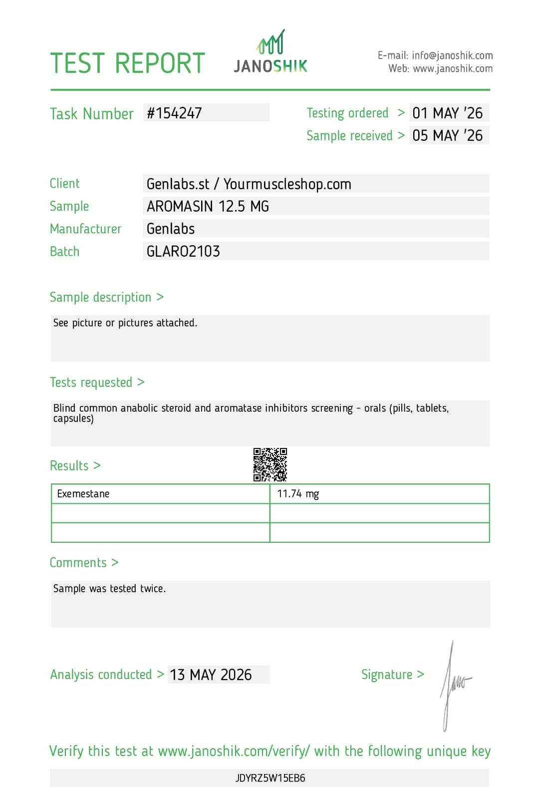 Aromasin (exemestane) 12.5 mg – 100 Tablets – Genlabs — Certificate of Analysis