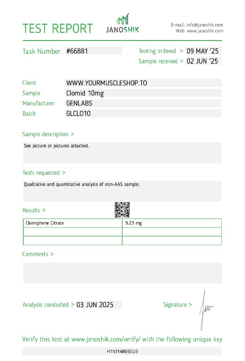 Clomid (clomiphene Citrate) 10 mg – 200 Tablets – Genlabs — Certificate of Analysis