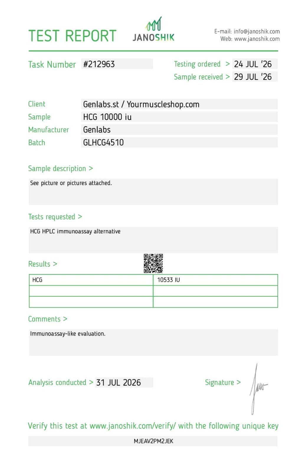 HCG 10000iu – Vial ( Human Chorionic Gonadotropin ) With Bacteriostatic Water – Genlabs — Certificate of Analysis