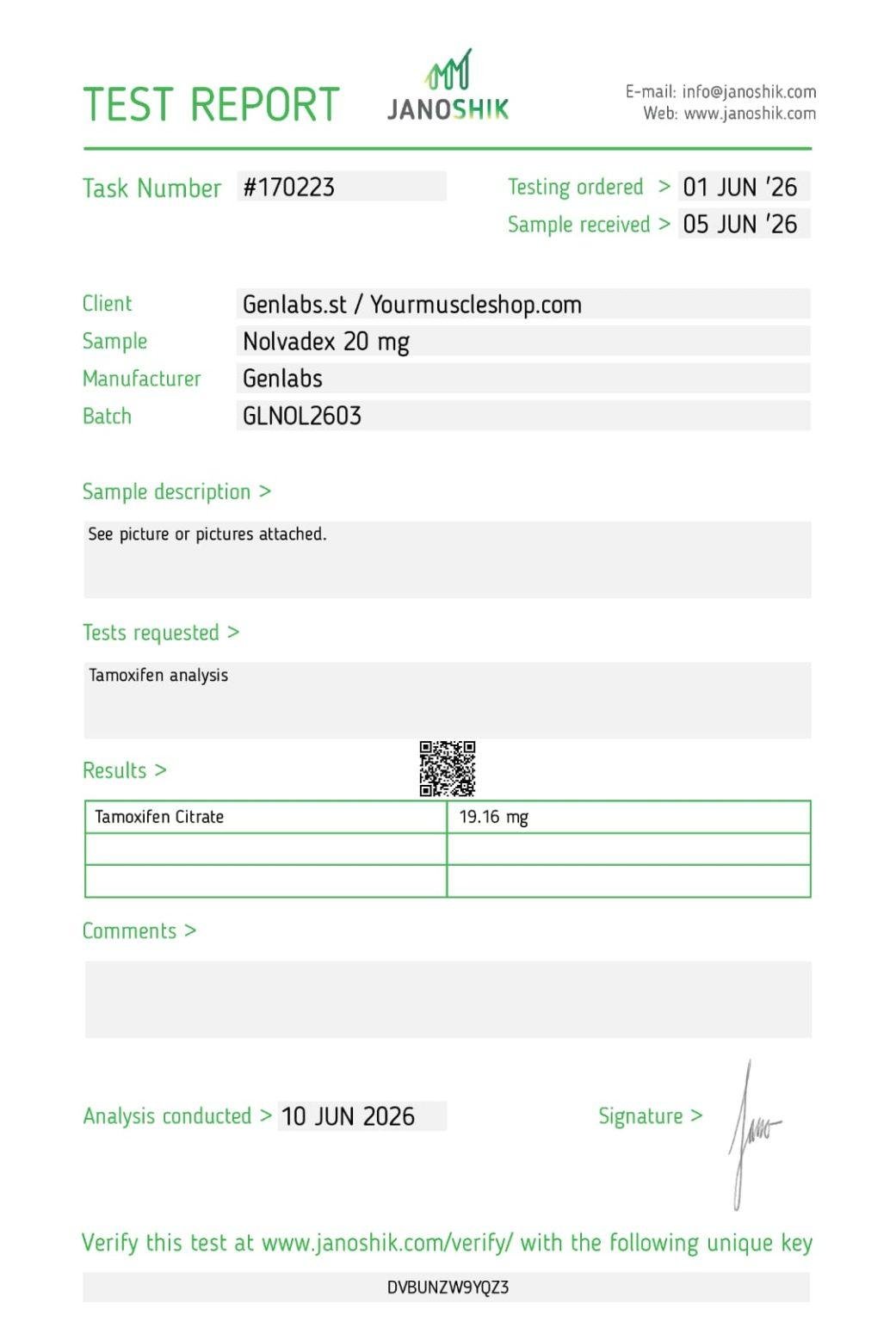 Nolvadex (tamoxifen) 20 mg – 100 Tablets – Genlabs — Certificate of Analysis