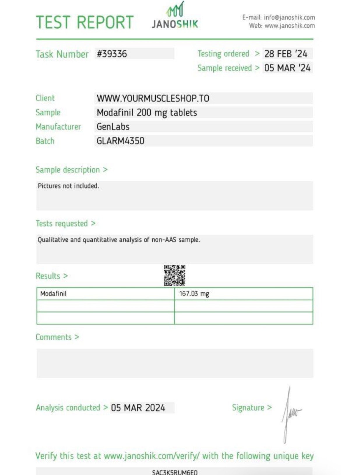 Modafinil Tablets USP 200 mg – 30 Tablets – Genlabs — Certificate of Analysis
