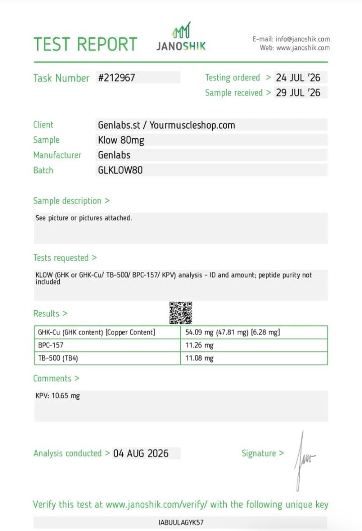 Klow 80mg Vial – (with Bacteriostatic Water) – Genlabs — Certificate of Analysis