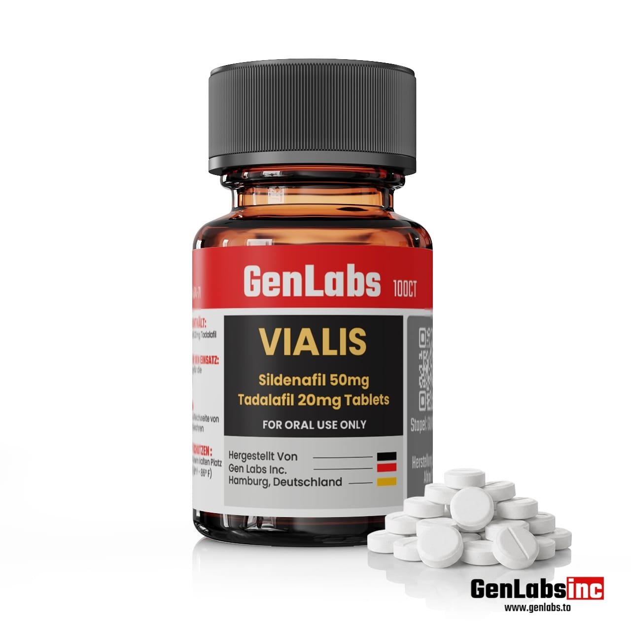Vialis Sildenafil 50mg Tadalafil 20mg Genlabs – 100 Tablets