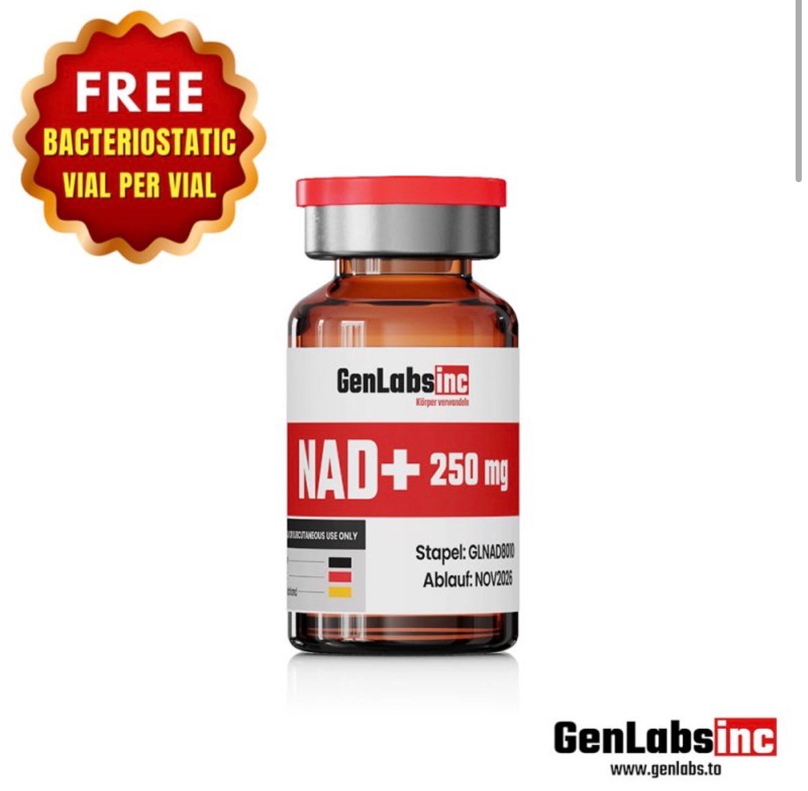 NAD + 250mg (nicotinamide Adenine Dinucleotide) Vial – (with Bacteriostatic Water) – Genlabs