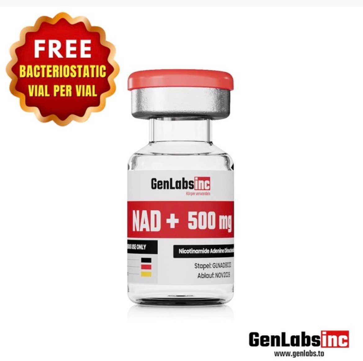 NAD + 500mg (nicotinamide Adenine Dinucleotide) Vial – (with Bacteriostatic Water) – Genlabs